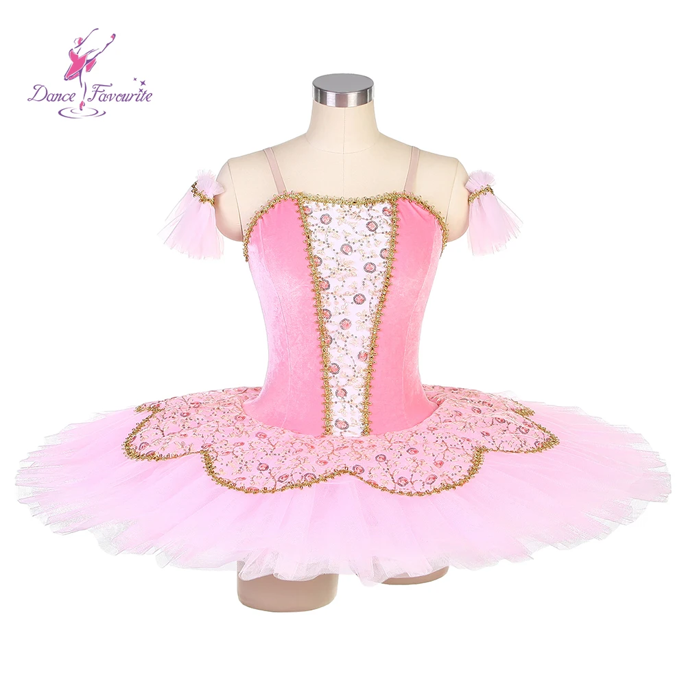 

BLL030 Pink Velvet Top Bodice Pre-professional Ballet Tutu for Girl & Women Spandex with Gold Applique Trim Ballerina Tutu