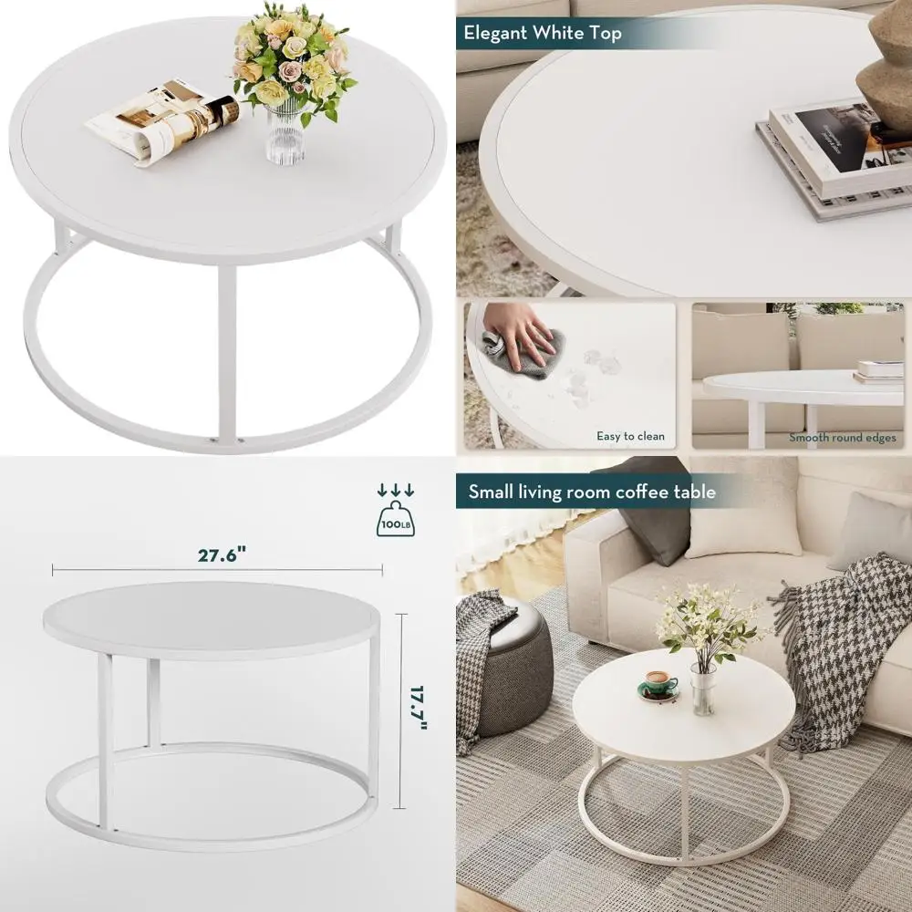 

Compact White Coffee Table for Living Spaces and Home Offices, Modern Design for Small Areas, 27.6 Square × 17.7 High
