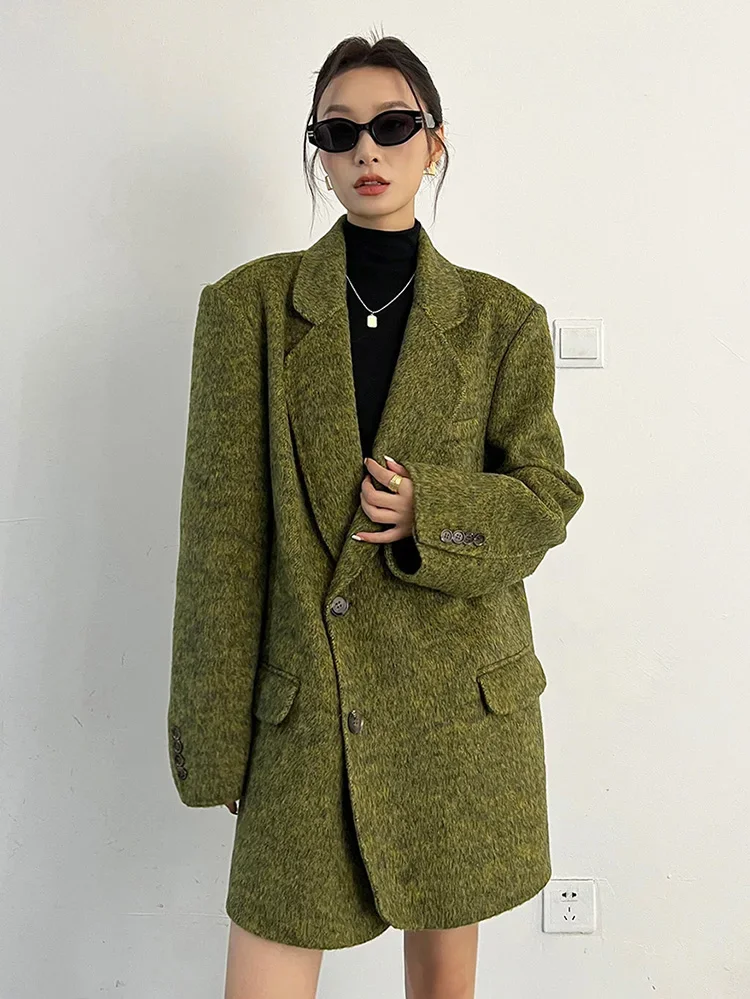 kiesza lyte 2024 Autumn Winter New Fashion Vintage High Quality Green Wool Blazers woolen Jacket Long Coats Women Сукно-пальто