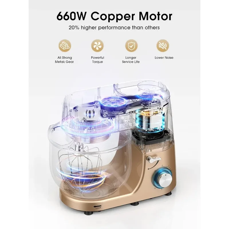 Kuccu-スタンド付き電気キッチンミキサー,8.5 qt,ダブルハンドル,6スピード,パルス付き,660w,チルトヘッド,フードミキサー