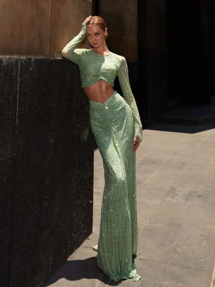 

Женские юбки с бриллиантами, комплект из двух предметов, сексуальный короткий топ с круглым вырезом и длинными рукавами со стразами + тонкие длинные юбки, костюмы для вечеринки, вечера, клуба