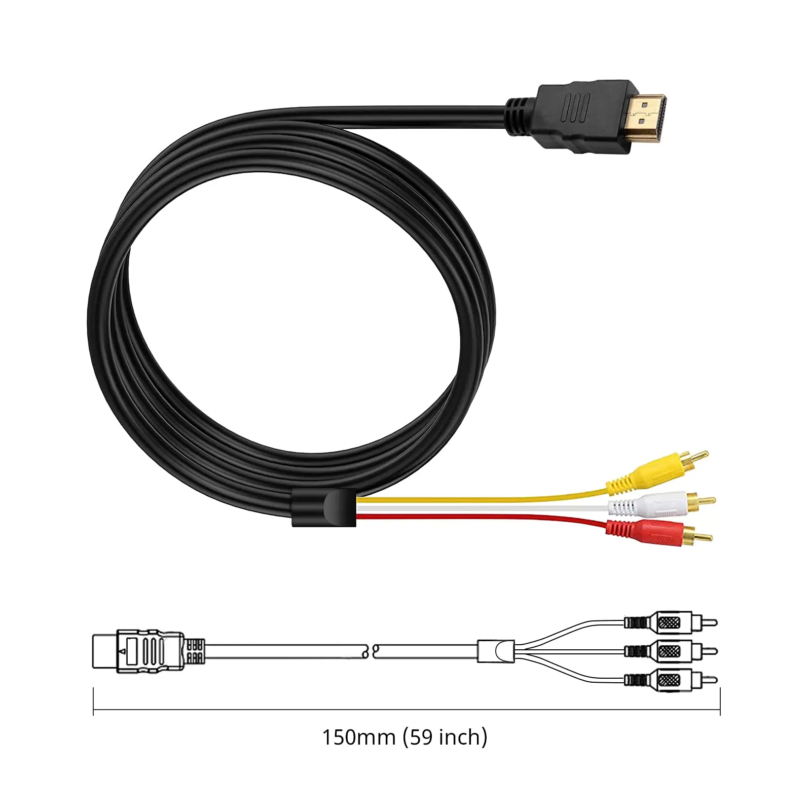 1080P HDMI to RCA Cable, 1.5m HDMI Male to 3-RCA Video Audio AV Cable Connector One-Way Transmitter for TV HDTV DVD