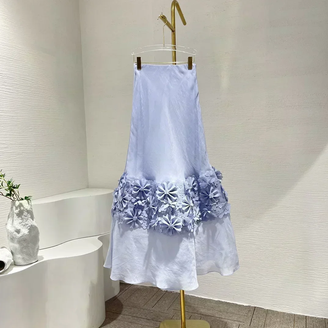 Elegant 2024 New Design Light Violet Purple Three Dimensional Lilac Flower Decoration Summer High Quality Linen Silk Women Skirt