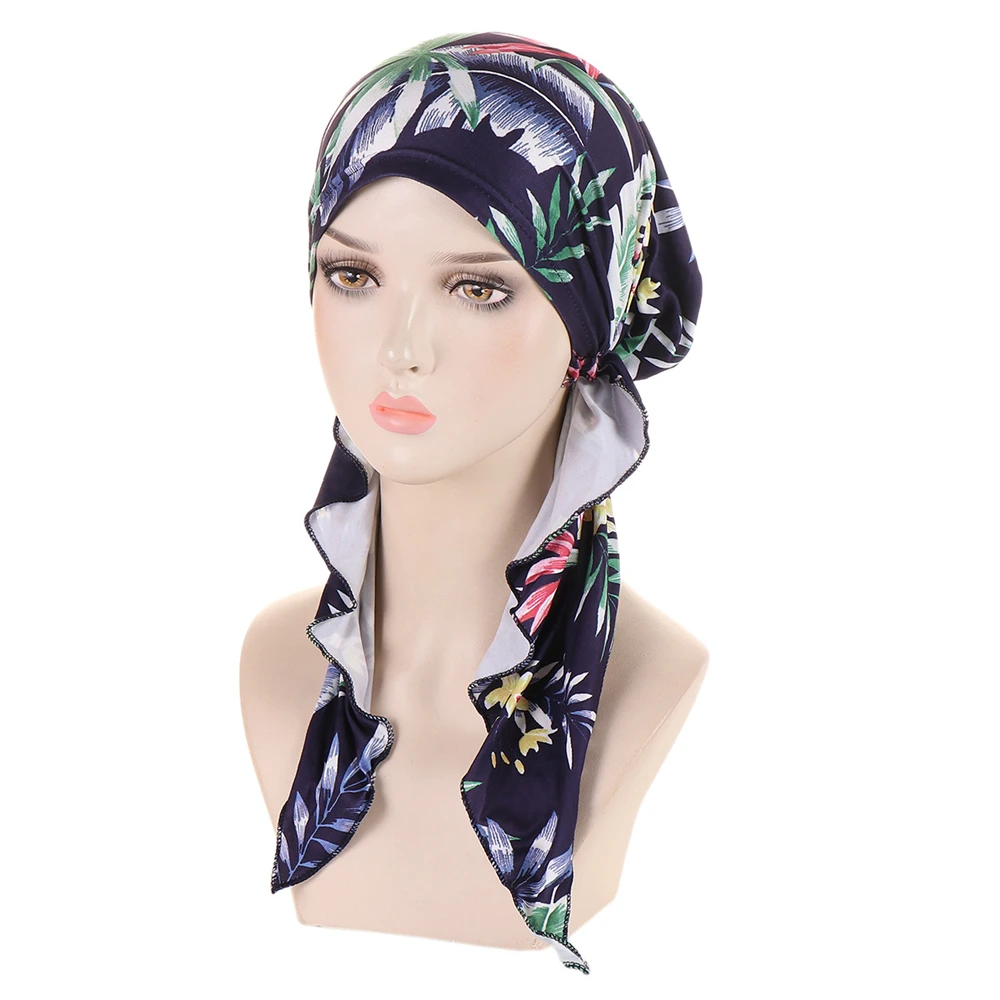 

Women Print Pre-Tied Headscarf Muslim Female Turban Cancer Chemo Cap Inner Hat Hair Loss Cover Headwrap Headwear Stretch Bandana