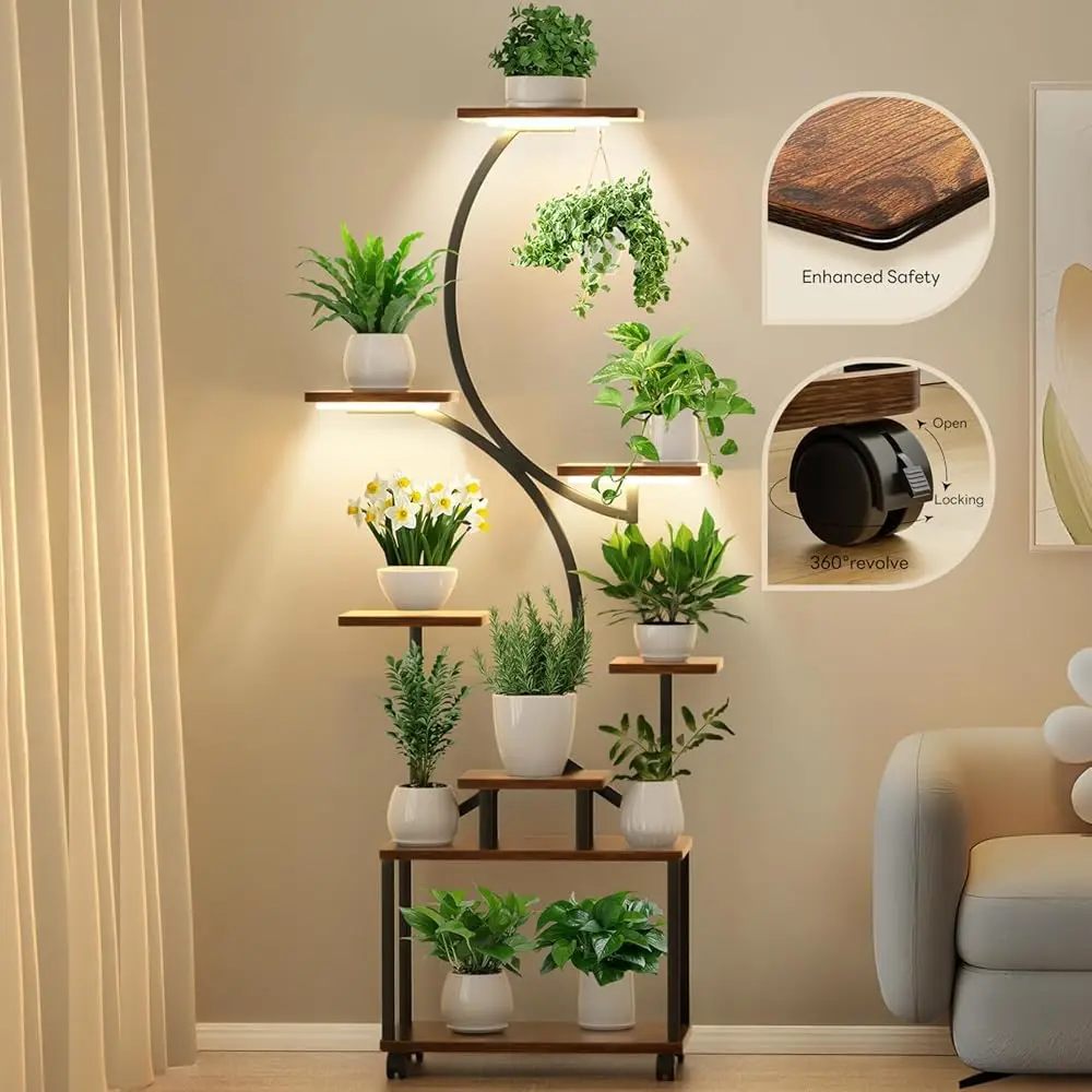 

Sizuztp 8 Tiered Metal Plant Stand With Grow Light, Wheels & S-Shaped Rack, 62"" Indoor Plant Shelf For Home Balcony