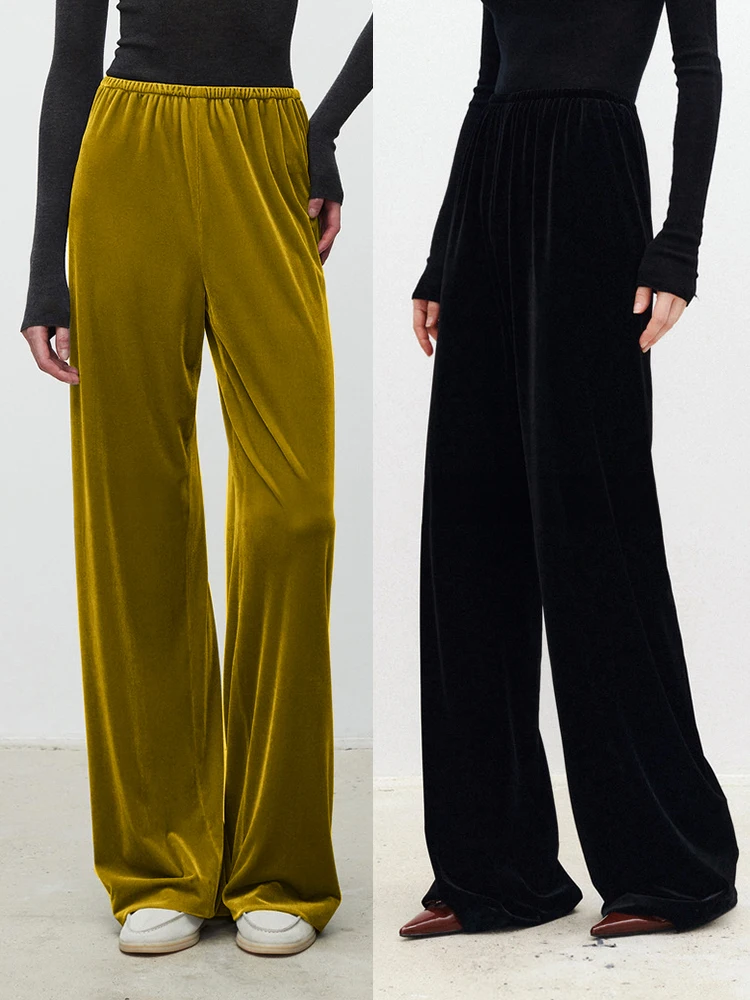 Elegant High-Waist Velvet Elastic Wide Leg Pants Women's Casual Trousers Comfortable Fit Straight Cut Commute Style Polyester...