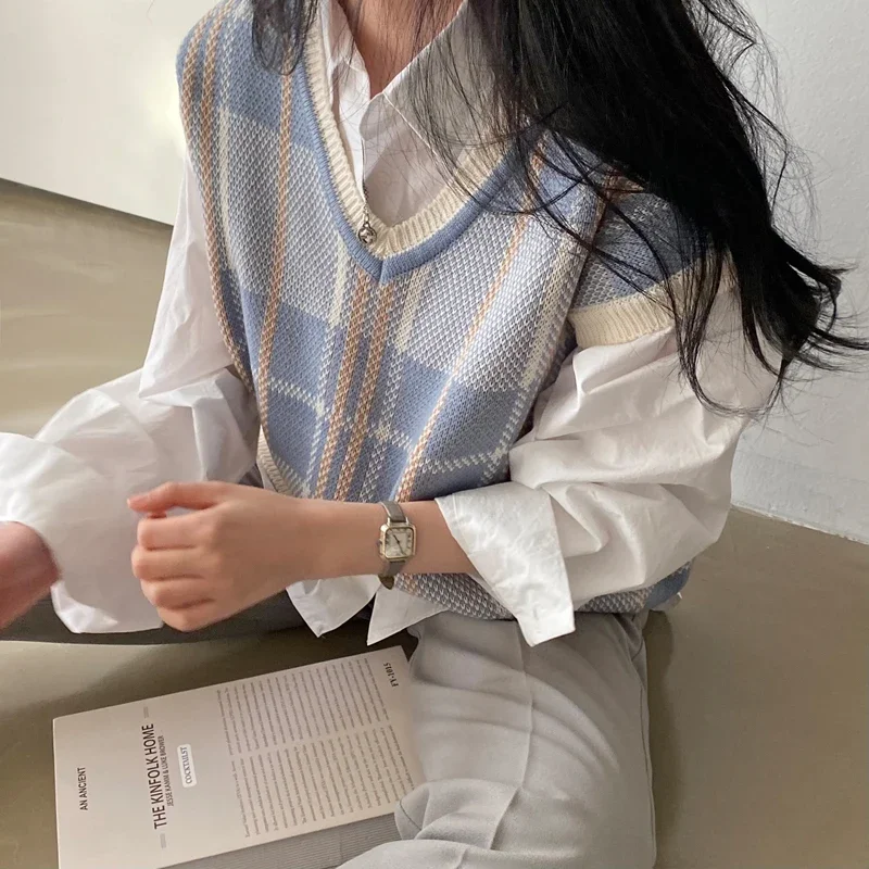 GELITAYIN Autumn Winter Korean Loose Sweater Vest Vintage Office-lady V-neck Jumpers Female Pullover Women Knitted Tops Pull Fem