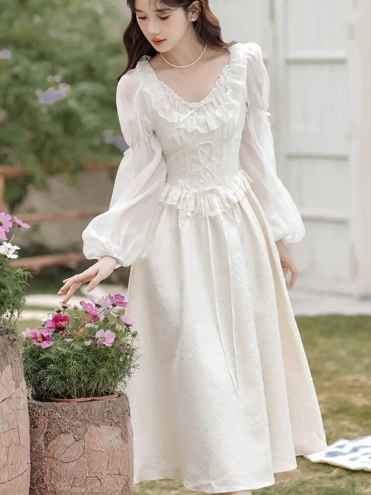 

French Fairy Lantern Sleeve Midi Dress for Women Summer Elegant Retro Slim Sweet Party One Piece Dress Korean Casual Clothes