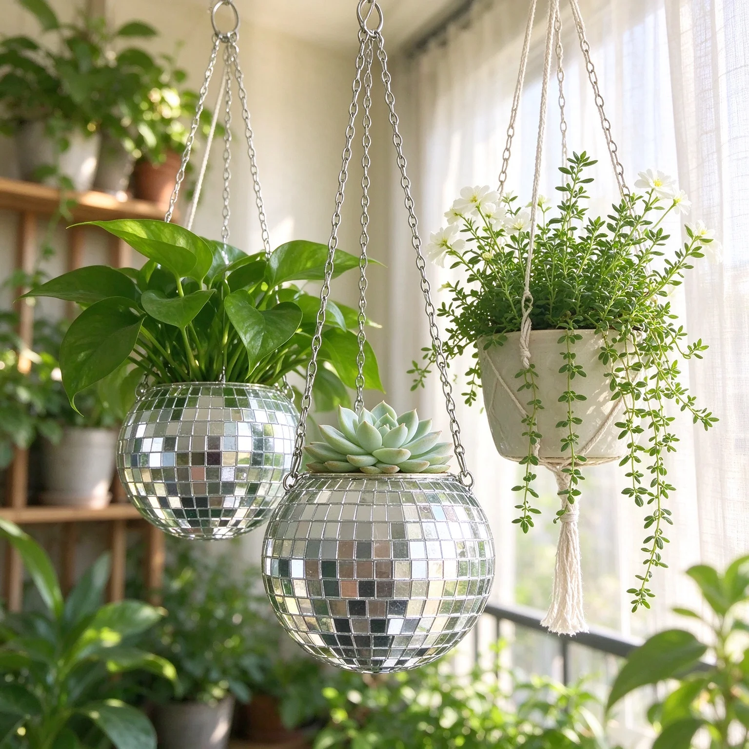 Mirror Ball Planter with Chain, Hanging Disco Flower Pot for Succulents, Indoor Boho Wall Decor, Unique Cute Gift for Her Women