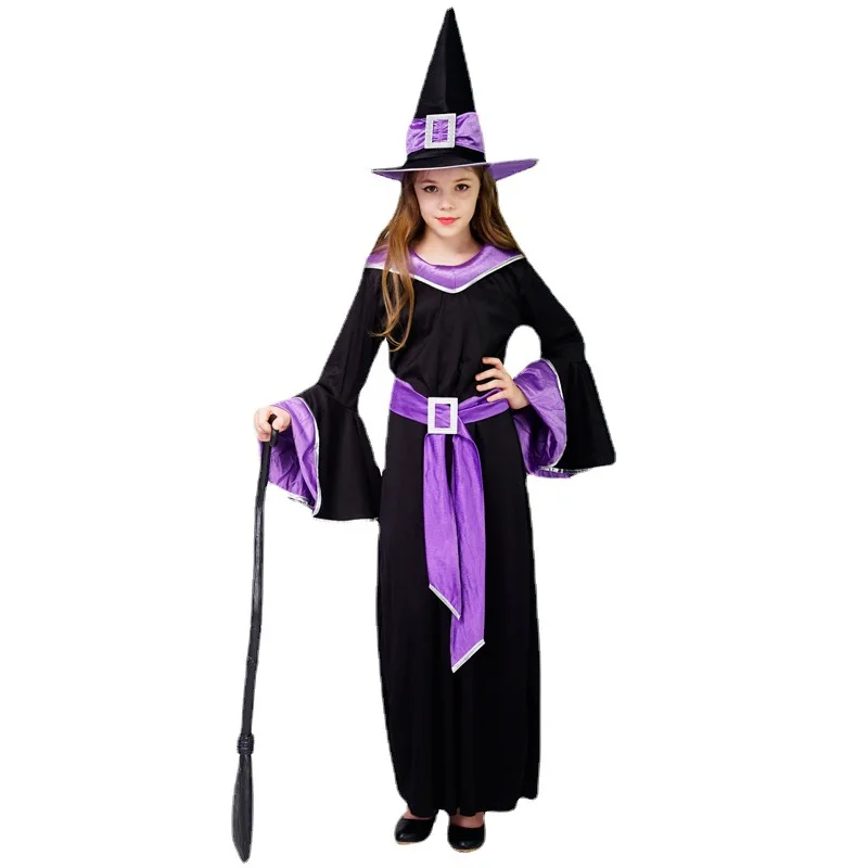 Divertido disfraz de bruja para niños, para fiestas de juegos de rol, disfraz de bruja púrpura para niña, falda, sombrero, cinturón, 3 uds., accesorios de fiesta