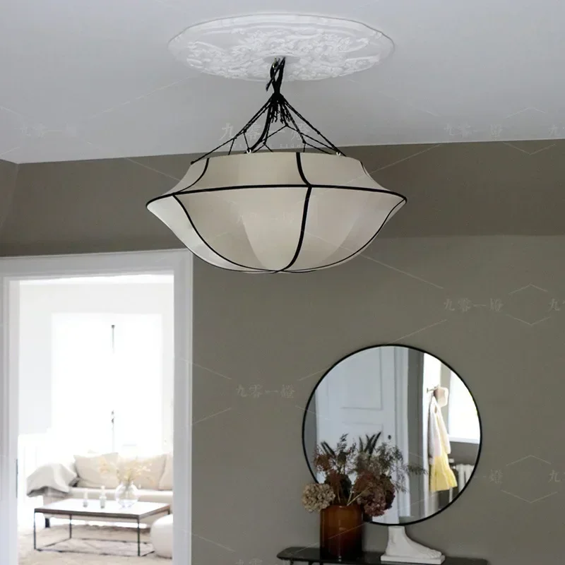 Morden Fabric LED Chandelier French Medieval Living Room Bedroom Chandelier Dining Room Homestay Tea Room Pendant Lamp Decorat