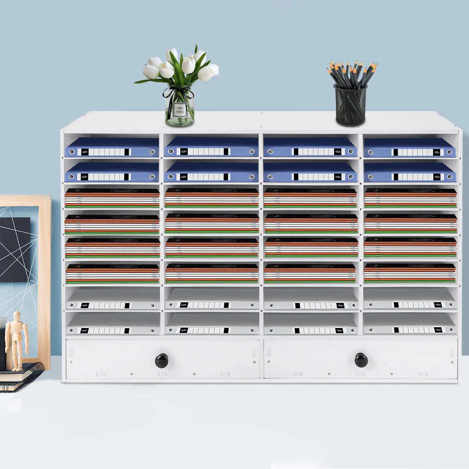32-Compartment File Organizer With 2 Drawers–Adjustable, Durable, Fits Home/Office Organizes Documents, Easy Assembly & Cleaning