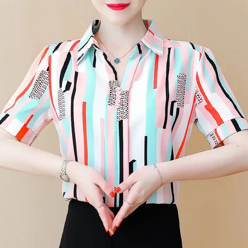 

Korean Fashion Women Striped Chiffon Shirts Office Lady New Loose Casual Short Sleeve Elegant Female Clothing Blouses Z363