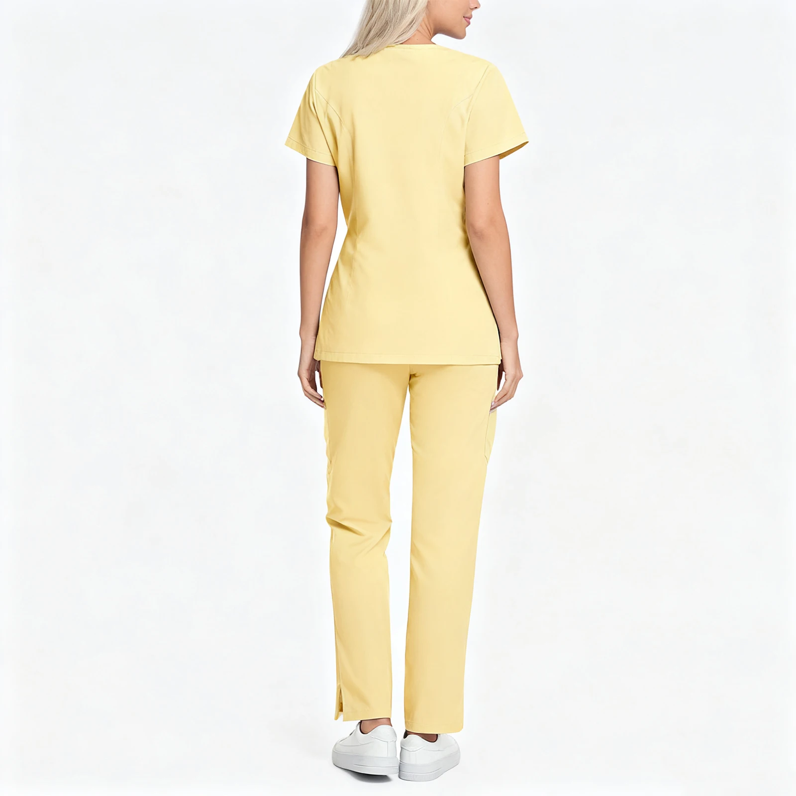 ชุดยูนิฟอร์มพยาบาลหญิง คอวี แขนสั้น ซิป หลายกระเป๋า สีพื้น ชุดทำงานทางการแพทย์ ชุดทำงานด้านสุขภาพ ชุดยอดนิยม