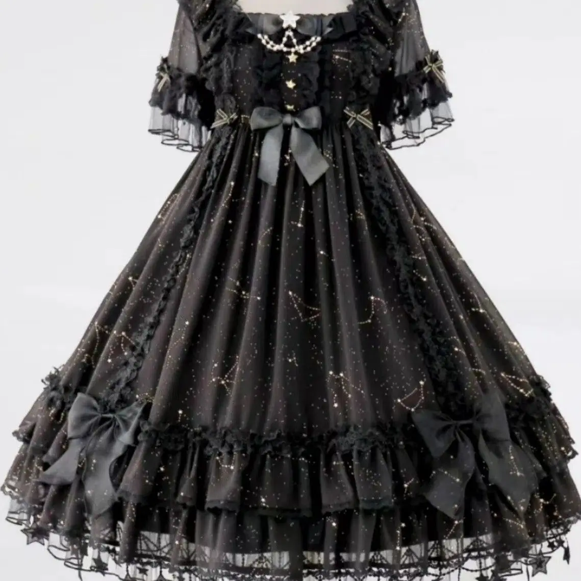 Lente Zomer Zware Industrie Strik Ruches Vierkante Hals Lolita Jurken Zoete Meisjes Hoge Taille A-lijn Veelzijdige Leeftijdsreductie Jurk