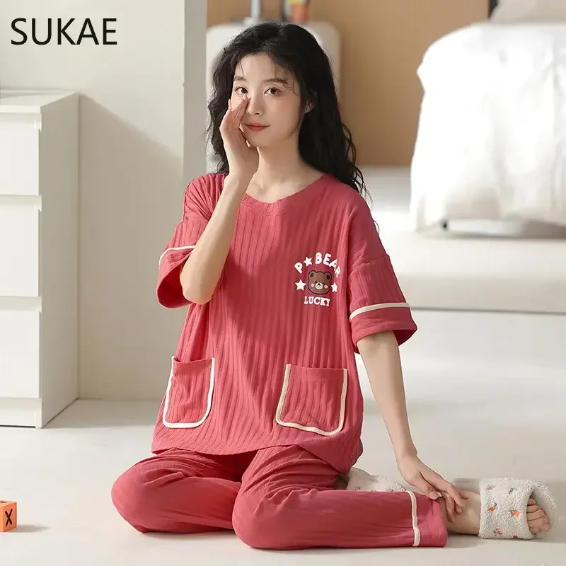 SUKAE M-5XL Women Clothing Summer Cotton Woman Pajama Trendy Bear Printing Leisure Cartoon Sleepwear Korean Cute Girl Pyjamas