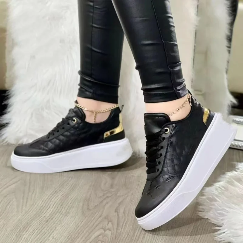 Women\'s Shoes 2024 New Fashion Tennis Thick Bottom Vulcanized Shoes Casual Leather Lace Up Outdoor Running Black Chaussure Femme