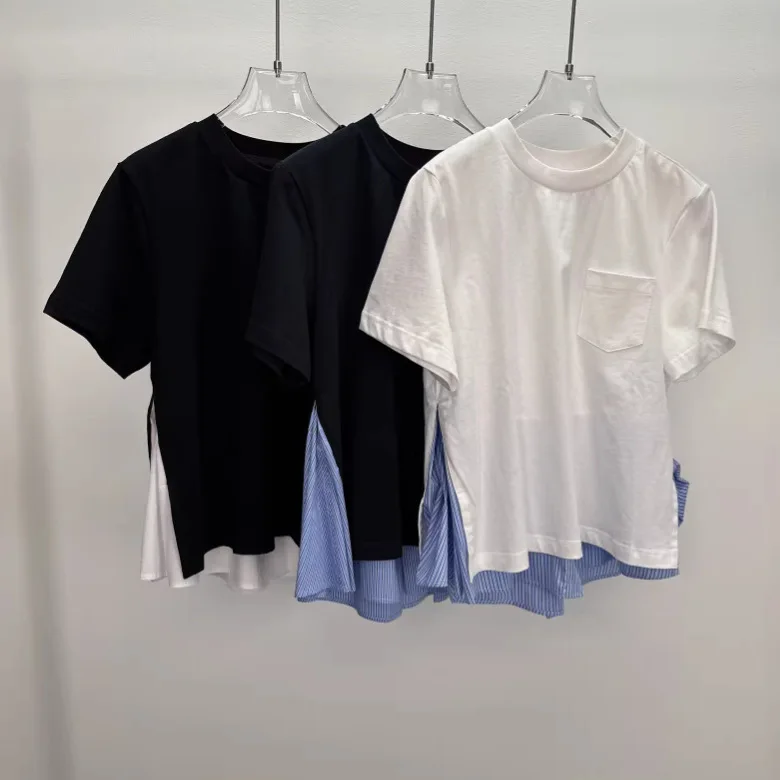 

Новая женская футболка 2026 года в японском стиле: деконструированный дизайн, боковые разрезы, цветные блоки, повседневная, свободного кроя, с коротким рукавом