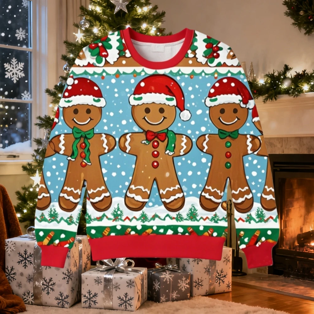 

Cute Gingerbread Man Ugly Christmas Sweater Funny Kids 3D Print Xmas Sweatshirts Loose Mens Christmas Gifts Pullover Unisex Tops
