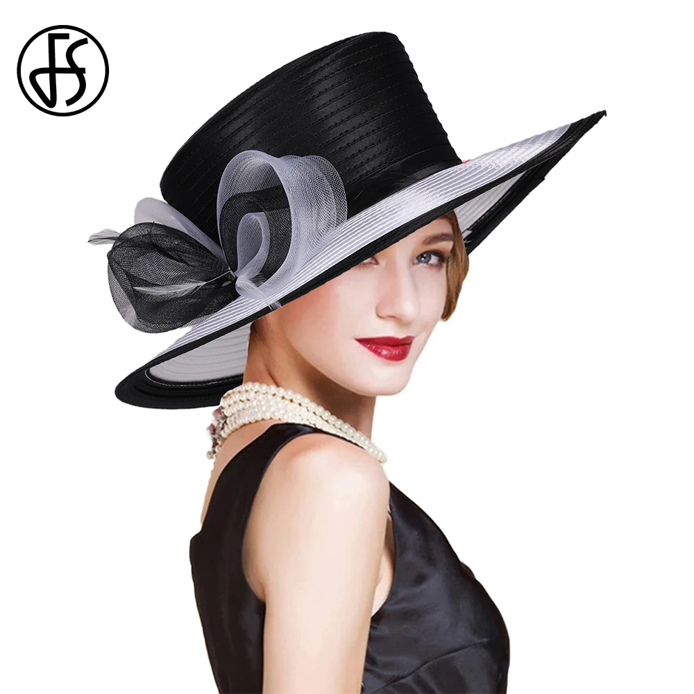 

Шляпа для женщин с широкими полями в стиле Кентукки Дерби, черно-белая, элегантная, с плоской верхушкой, украшенная перьями, для летних чаепитий, в стиле бакет-хэт.