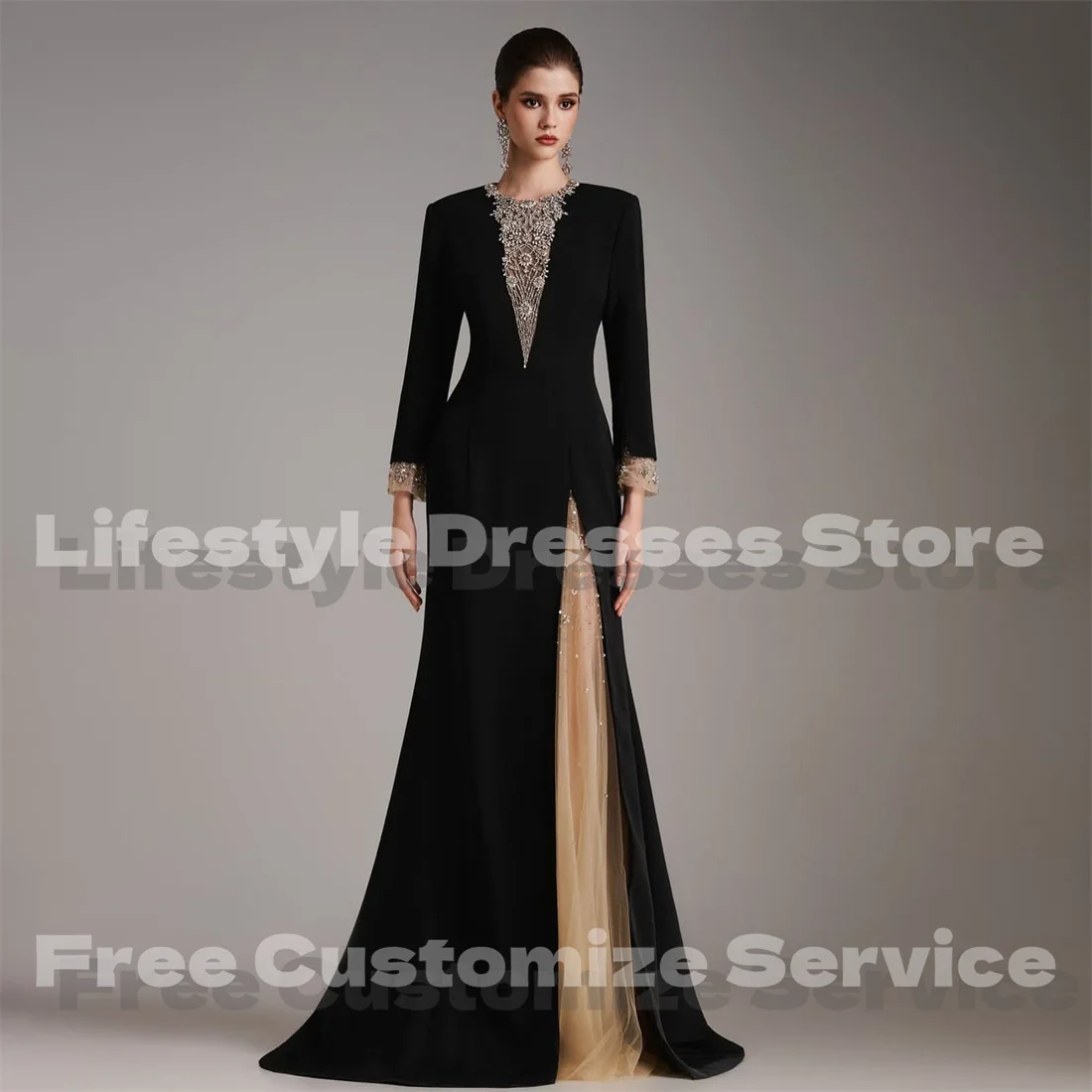 Customized Black Long Sleeves Prom Dresses Champagne Tulle Crystal Luxury Women‘s Evening Dresses Elegant Party Gown