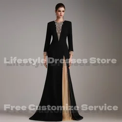 Customized Black Long Sleeves Prom Dresses Champagne Tulle Crystal Luxury Women‘s Evening Dresses Elegant Party Gown