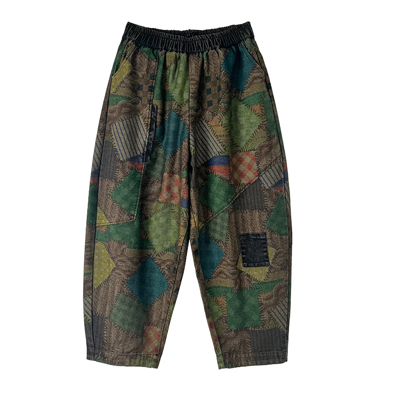 Celana Jeans Kasual Wanita Ukuran Besar Model Longgar, Pinggang Tinggi Elastis, Motif Blok Warna Retro Waed, Model Harlan Dad Pants, Efek Langsing