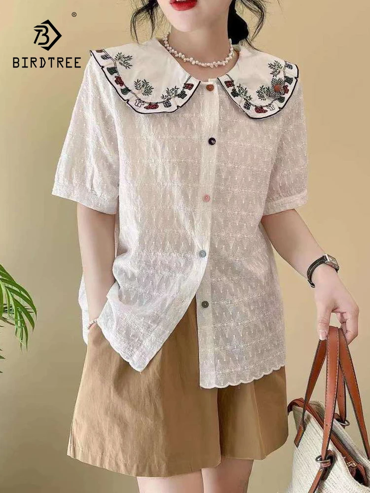 

New 2025 Summer Cotton Short Sleeve Shirt, Women Peter Pan Collar Embroidery, Mori Girl Ethnic Style Loose Doll Blouse T55817CC
