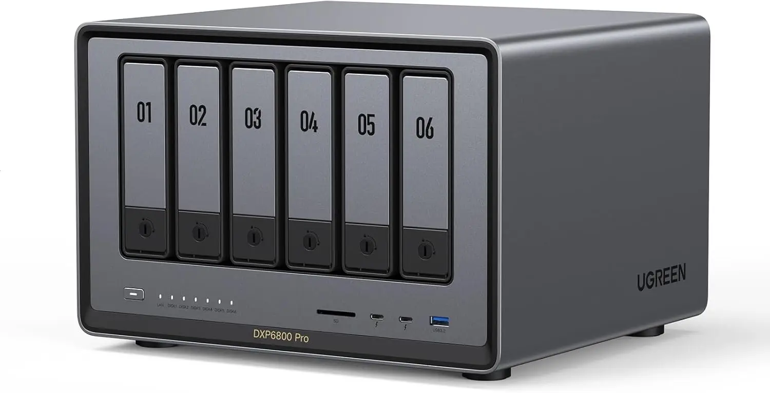 

UGREEN NAS DXP6800 Pro 6-дисковый настольный NAS, Intel i5 1235u, 1 встроенный SSD на 128 ГБ для системы, сетевое хранилище (без дисков)