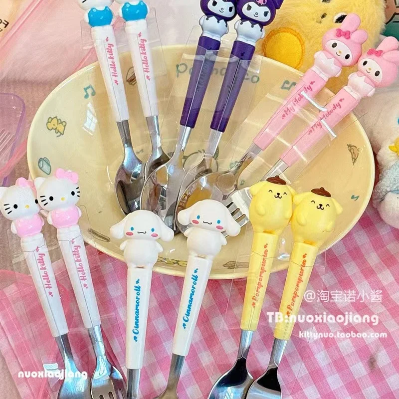 Sanrio-cucharilla de acero inoxidable con diseño de Hello Kitty para niños, cucharilla y tenedor con diseño de Kuromi pompurin My Melody,