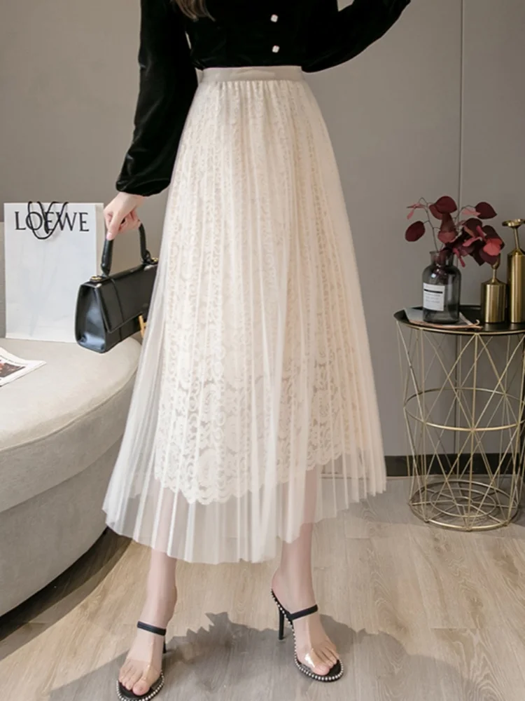 

SMTHMA New Spring Autumn Style Three Layers Draped A- Line Skirt Women's Slimming High Waist Mesh Spliced Lace Hollow Out Skirt