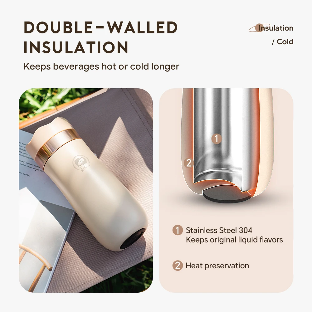 Coffee French Press Thermal Mug Double Wall 304 Stainless Steel Coffee Cup Tea Vacuum Flask Thermos Water Bottle Leak-proof