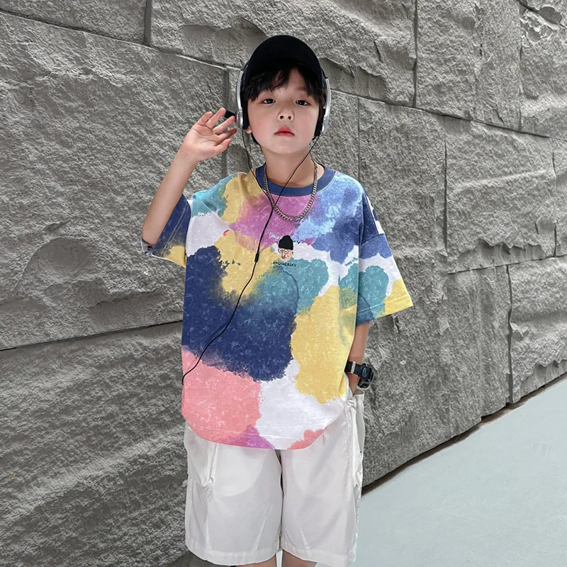 

Fashion Brand Tie-Dyed Children's Summer ClothesTT-shirt2024New Loose Boys' Short-Sleeved Shirt Middle and Big Children's Half-S