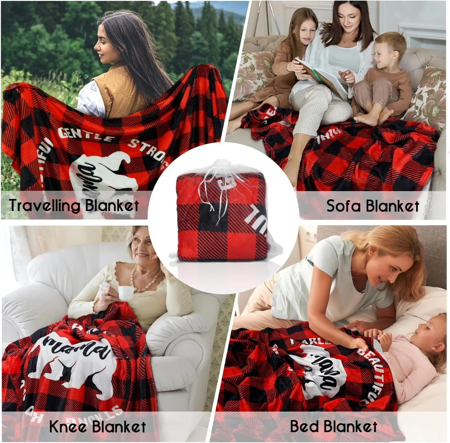 Buffalo Plaid Mom & Son Daughter Christmas Blanket - 60' x 50' Flannel Fleece Soft Warm Cozy Throw