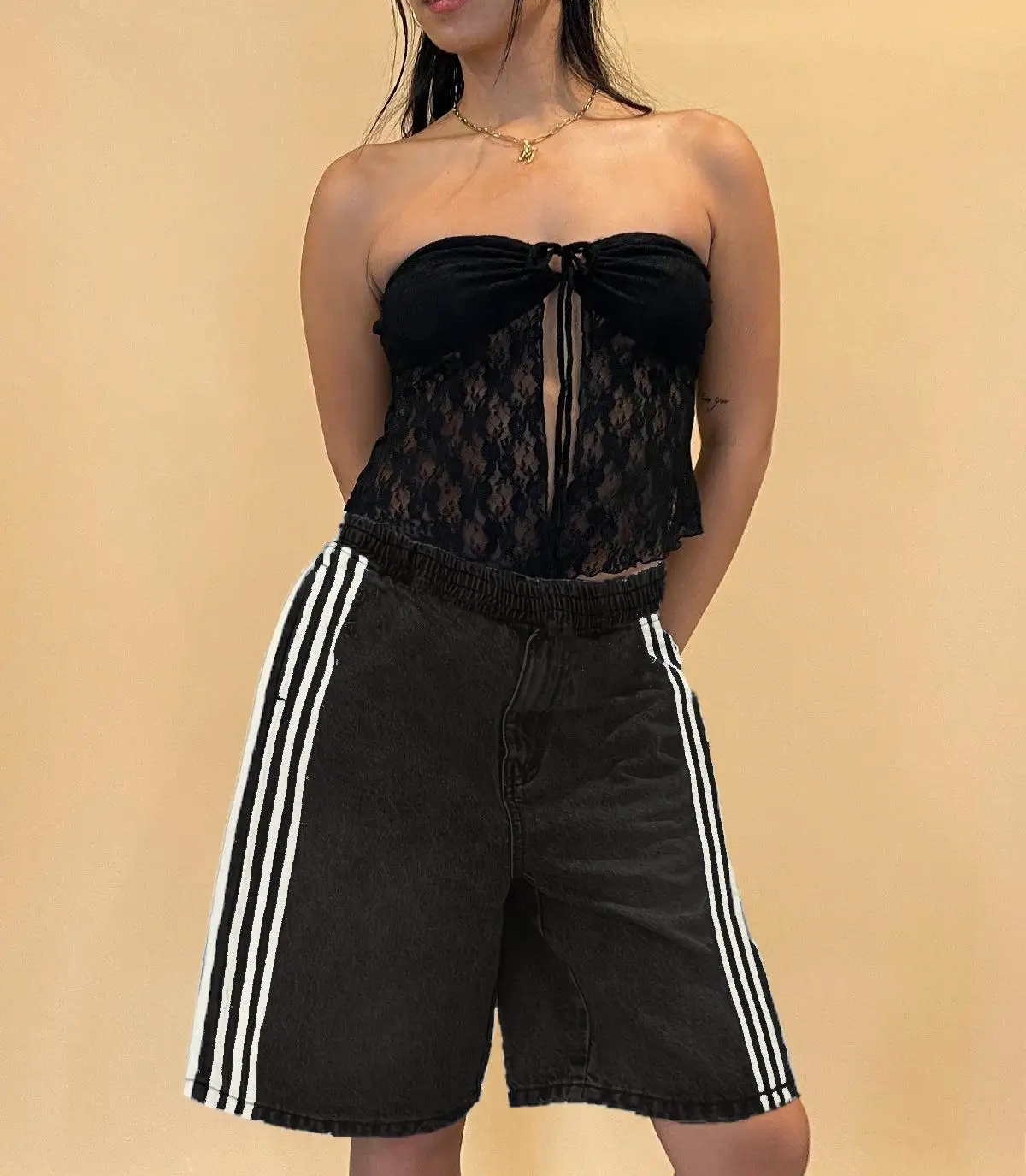New Fashion Women Men Denim Shorts Elastic Waist Striped Summer Casual Shorts With Pockets Streetwear S-XL