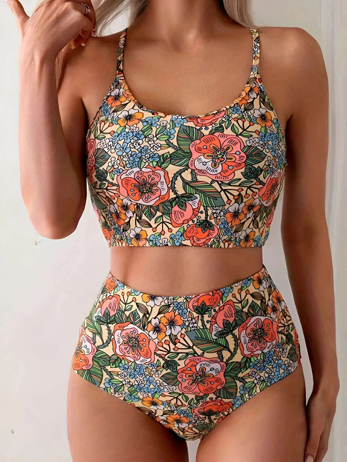 Vintage Floral Print High Waist Bikini Set Women Spaghetti Strap Two Piece Swimwear Push Up High Cut Beach Swimsuit