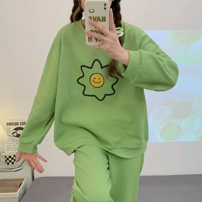 New Lovely Pajama Ladies Spring Autumn Pyjamas Waffle Long Sleeve Nightgown Loose Casual Sleepwear Crew-neck Printed Home Wear