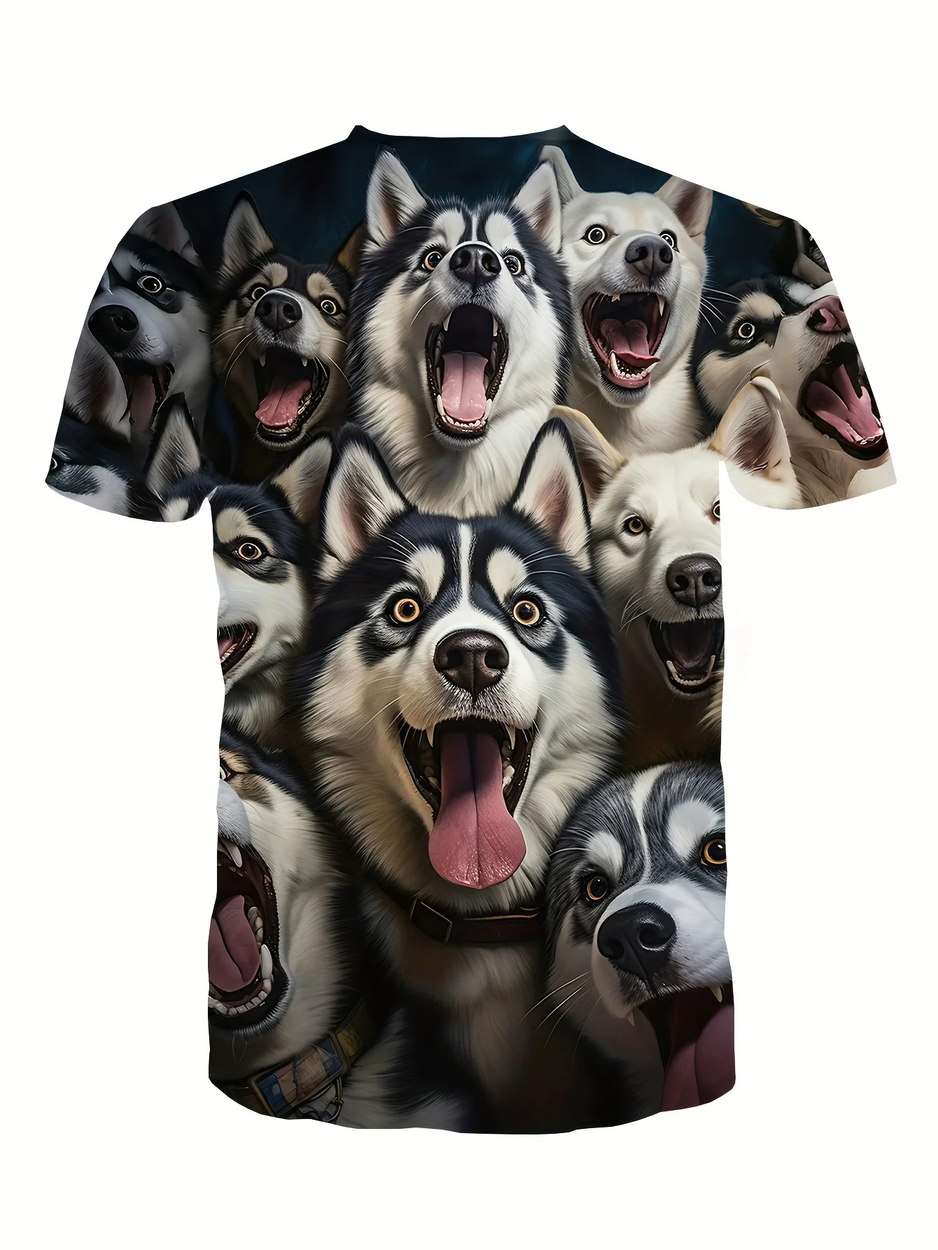 Men's 3D Digital Cute Smiling Husky Dogs Pattern Print Crew Neck Short Sleeve T-shirt, Casual Trendy Tops Suitable For Summer