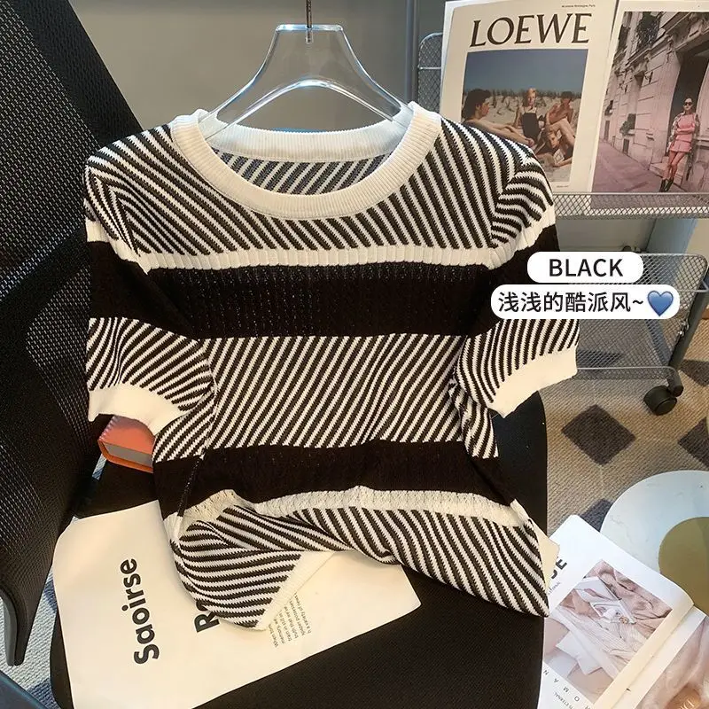 Summer Korean Fashion Striped O-neck Short Sleeve T-Shirt Female All-match Patchwork Pullover Ice Silk Knitting Top Tee Women\'s