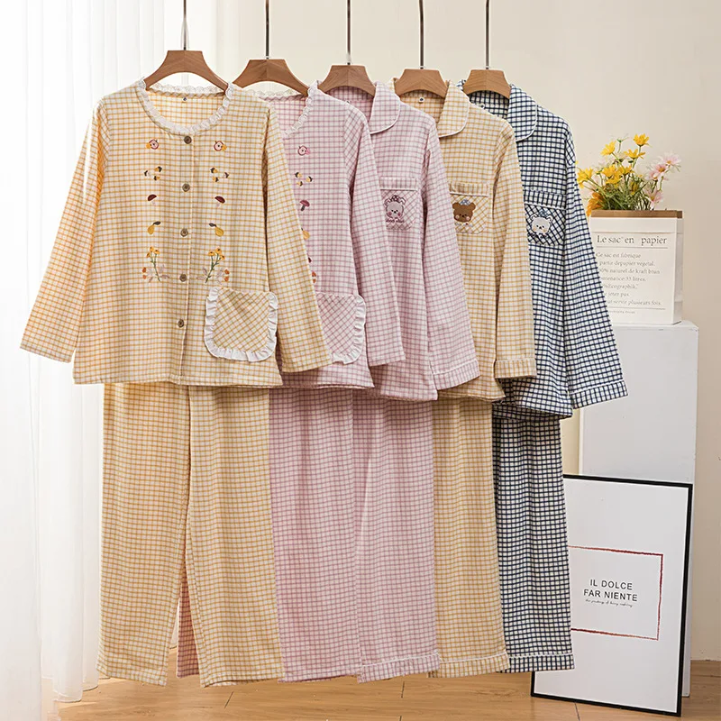 

Autumn Winter Embroidered Pure Cotton Flannel Long Sleeve Long Pants Couples Sleepwear Home Clothes Set Couple Matching