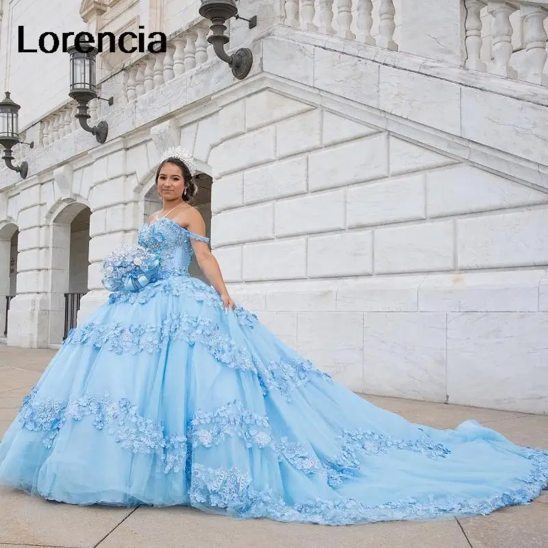 Lorencia niebieska sukienka na Quinceanera 2024 aplikacja z odkrytymi ramionami 3D kwiaty z meksykańskim gorsetem słodkim 16 Vestidos De 15 Años YQD613