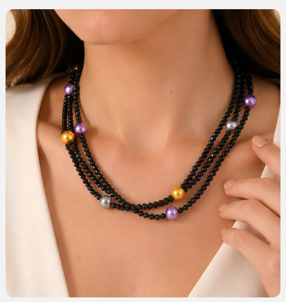 Vnox Handgefertigte Halskette aus schwarzem Kristall-Spinell mit Perlen für Damen, mehrschichtige lila Imitationsperlen-Halskette, Schmuck. – Detail 2