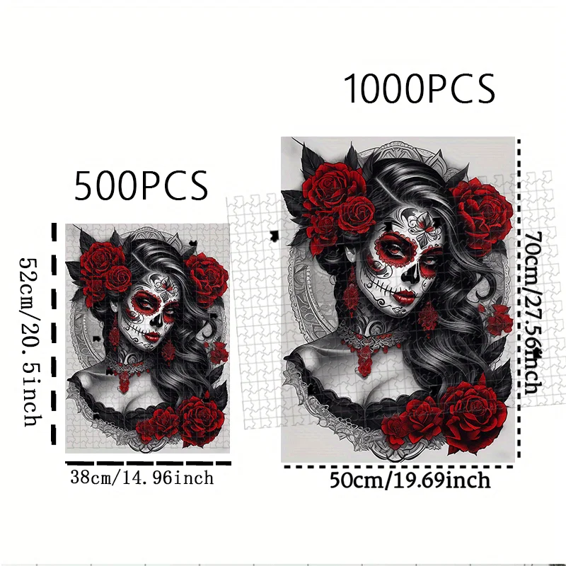 500ピース/1000ピース ゴシックロングヘア＆ローズスカルの女性ジグソーパズル 大人に最適 - 頭脳に挑戦、誕生日/ホリデーに最適