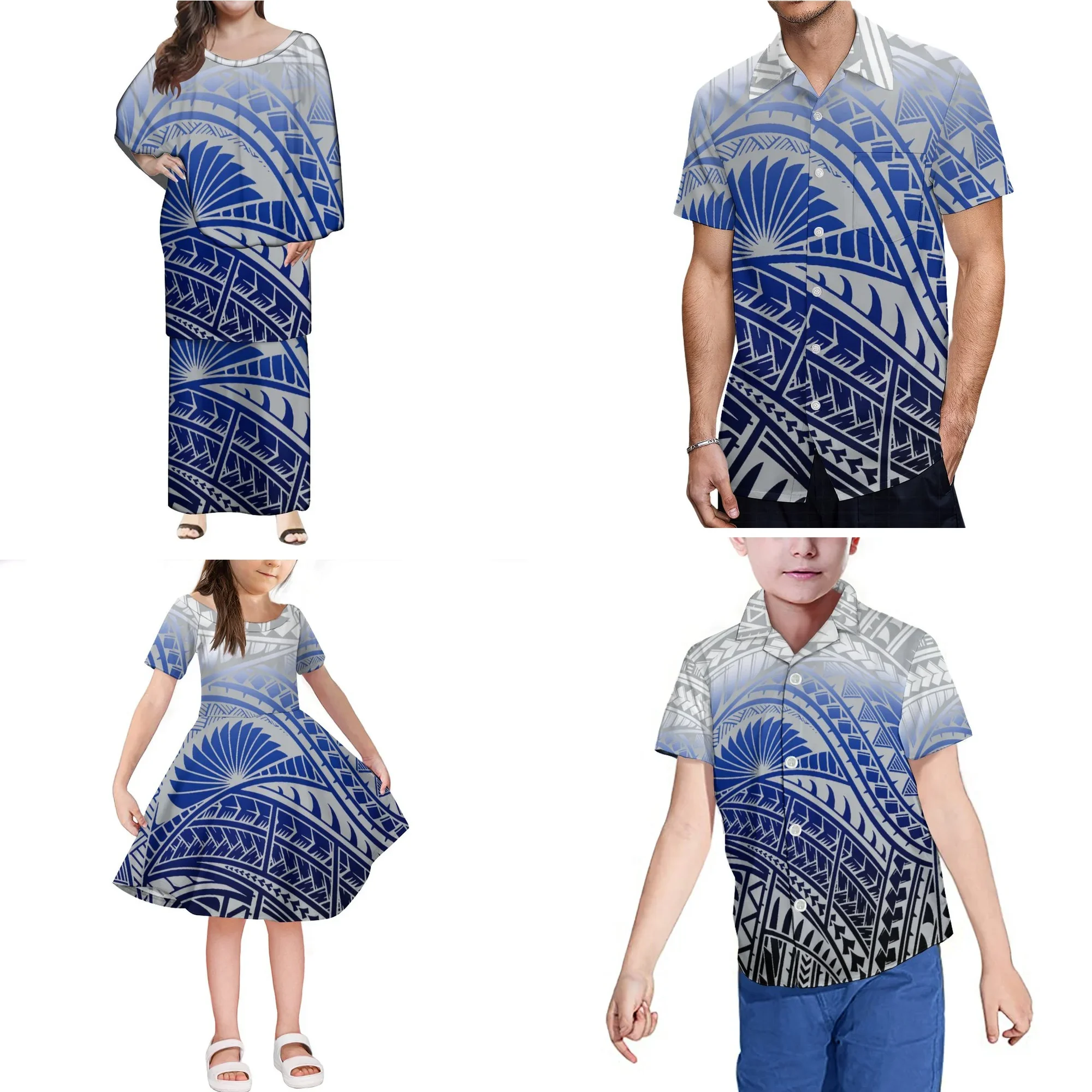 Summer Plus Size Adult Children's Clothing 4-piece Set Polynesia Tribal Design Women Puletasi Dress Men Shirt Casual Family Sets