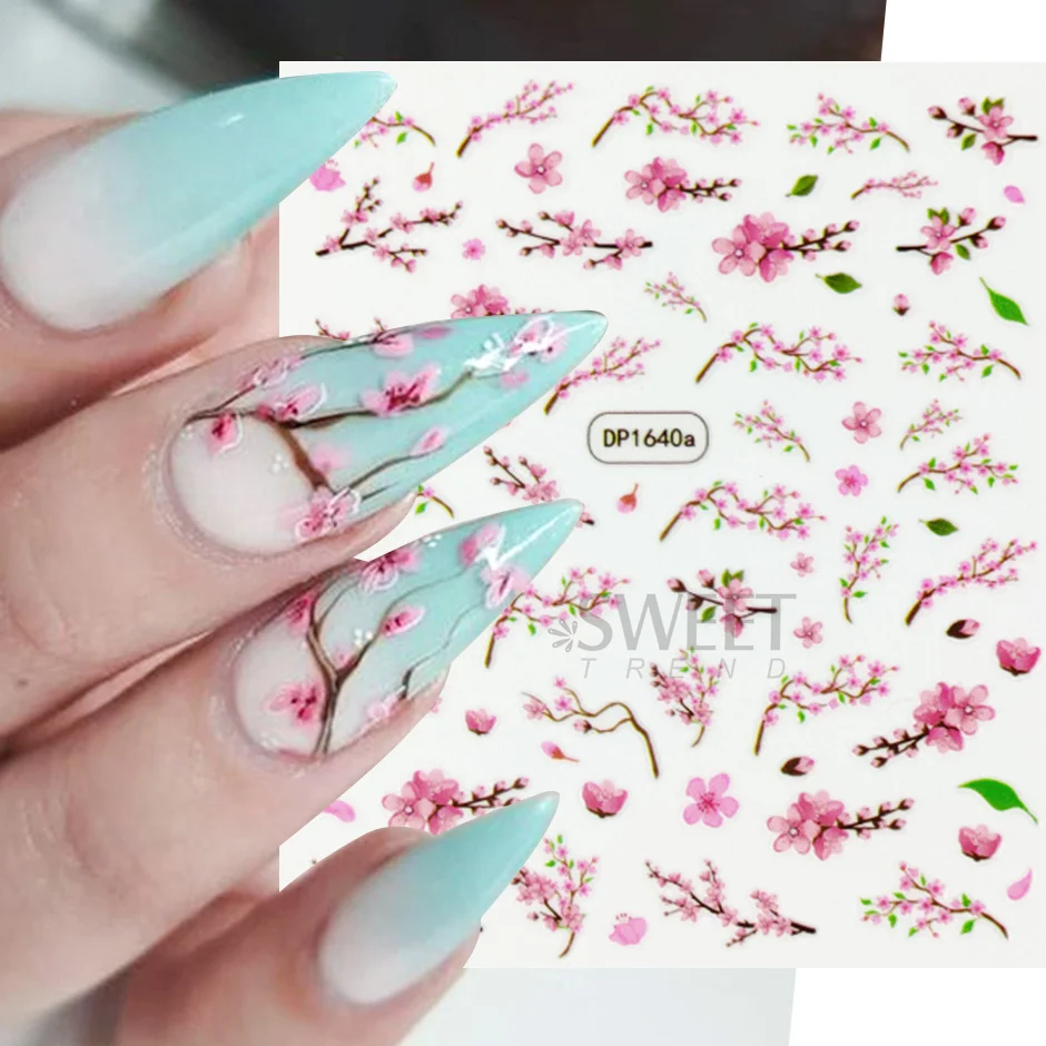 5D Pink Cherry Blossoms Sakura Nails Sticker Flower Vine Spring Nail Art Design Adhesive Sliders Elegant Manicure Decor Decals