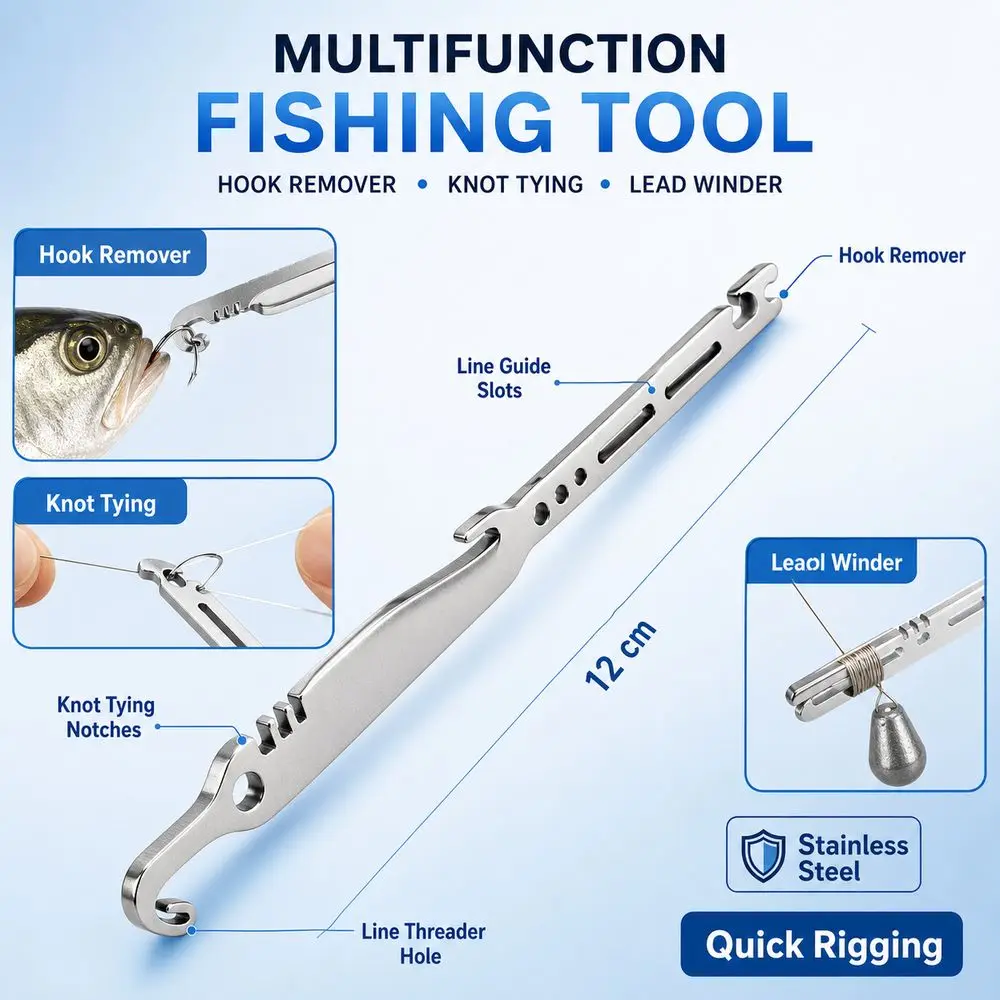 6-in-1 Fishing Hook Remover Integrated Structure Stainless Steel Fishing Knot Tyer Knot Tying Function Quick Hook Removal