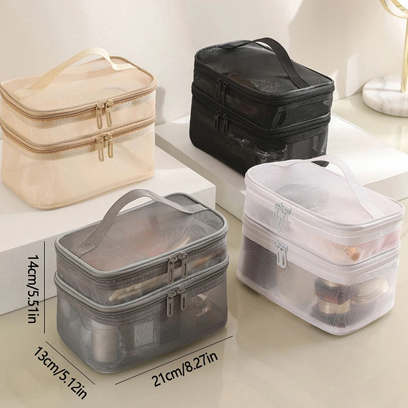 1Pc Mesh Makeup Bag Travel Cosmetics Storage Bag Travel Portable Large Capacity Double Layer Transparent Mesh Zipper Wash Bag