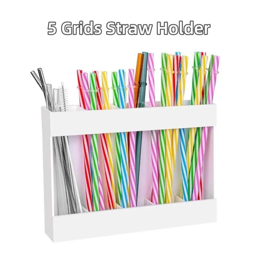 

Acrylic Large Straw Holder Reusable 5 Grids Straw Storage Dispenser Transparent and White Straw Storage Rack for Kitchen Counter