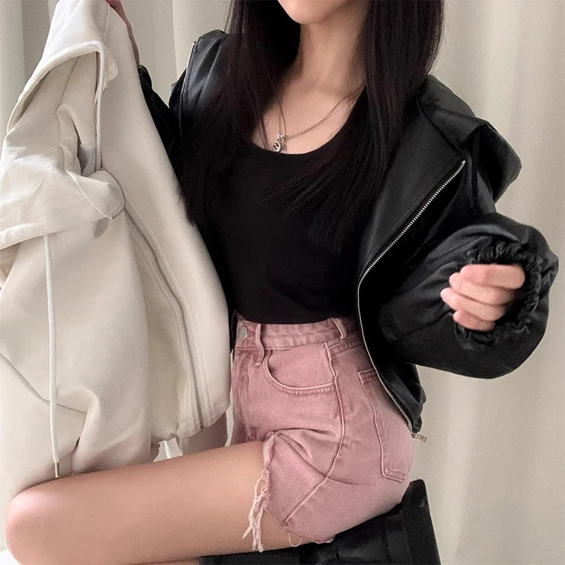 Chic Autumn Faion Women's ort PU Leather Jaet Hooded Dstring Long Sve Retro Sle Casual Outerwear Coat