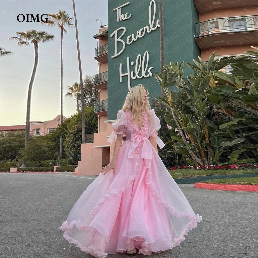 

OIMG Pink Bow A Line Queen Formal Party Dresses Short Sleeves V Neck Long Arabic Evening Gowns Night Club Dress Robe de soiree